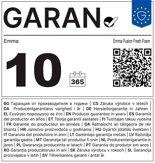 Full GARAN label: 10-year manufacturer guarantee from Emma