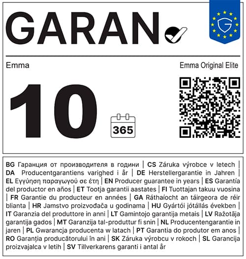 Etiqueta GARAN completa: garantía del fabricante Emma de 10 años